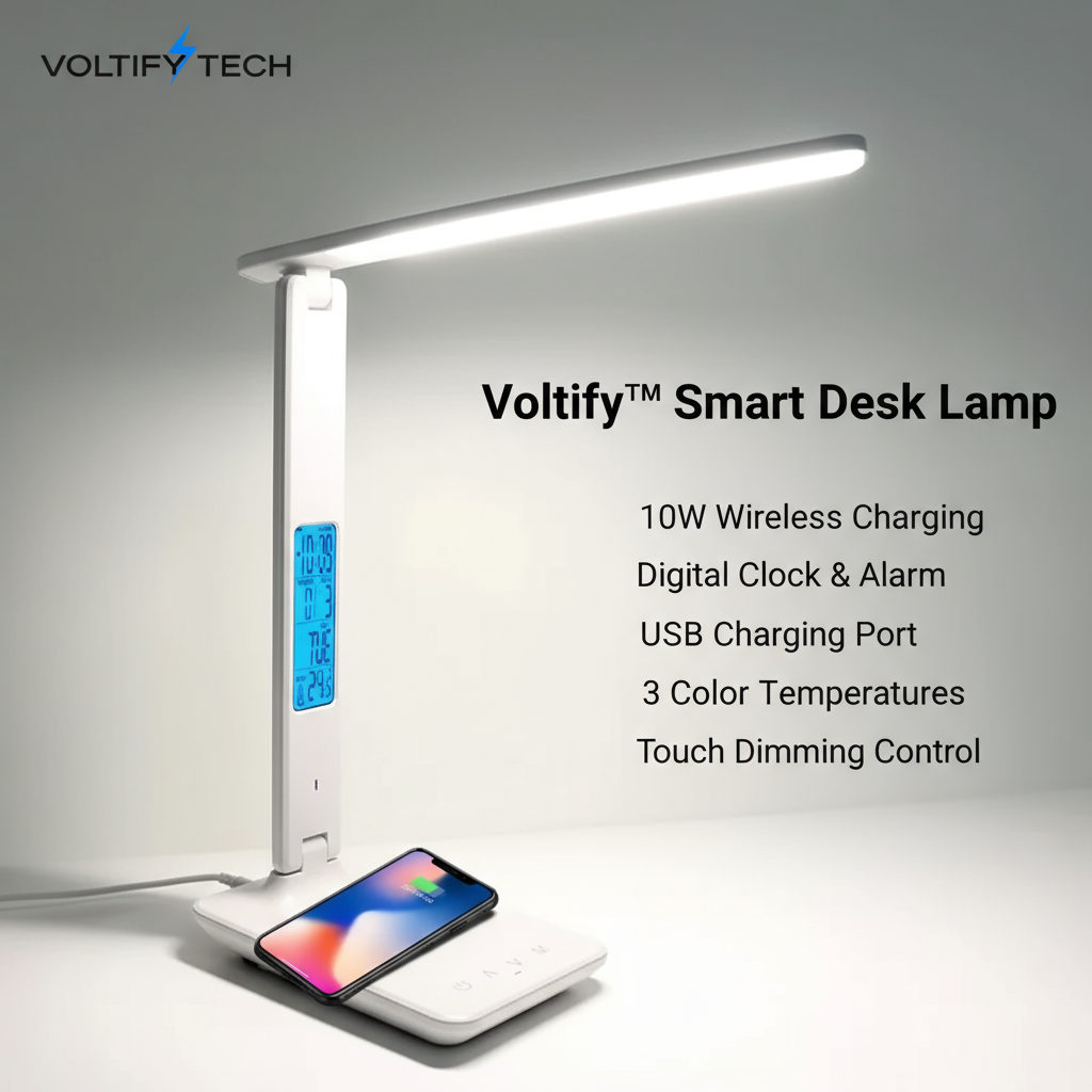 Voltify™ Smart Desk Lamp with Wireless Charging – LED Light with Clock & USB Port